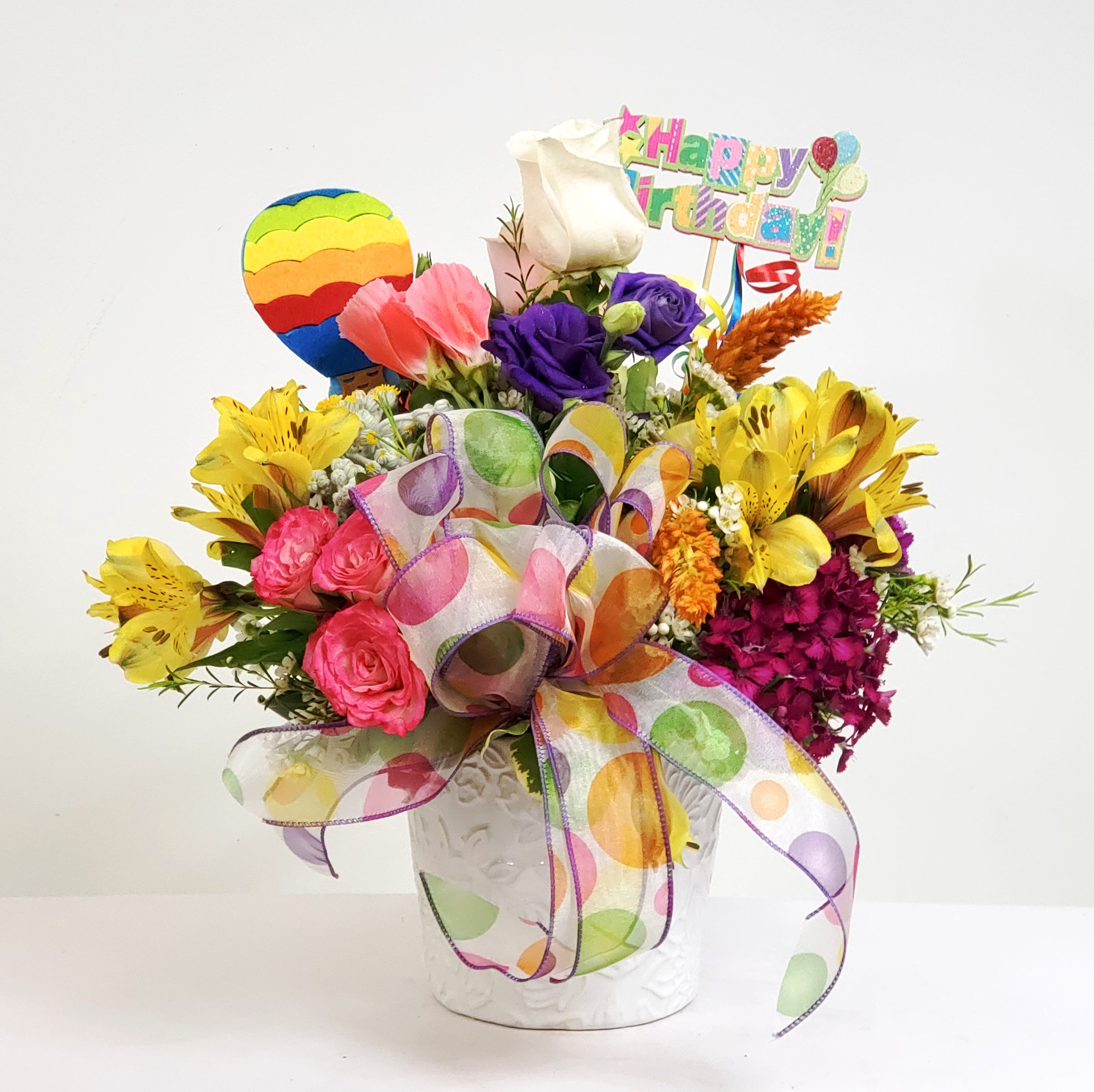 Bright &amp; Cheery Birthday - Make it special and memorable with a vibrant and colorful bouquet of fresh flowers! Please allow for flower substitutions and color variation of ribbon and container from that pictured. Rest assured that the bright and cheery nature of your arrangement will be maintained. Order today! 