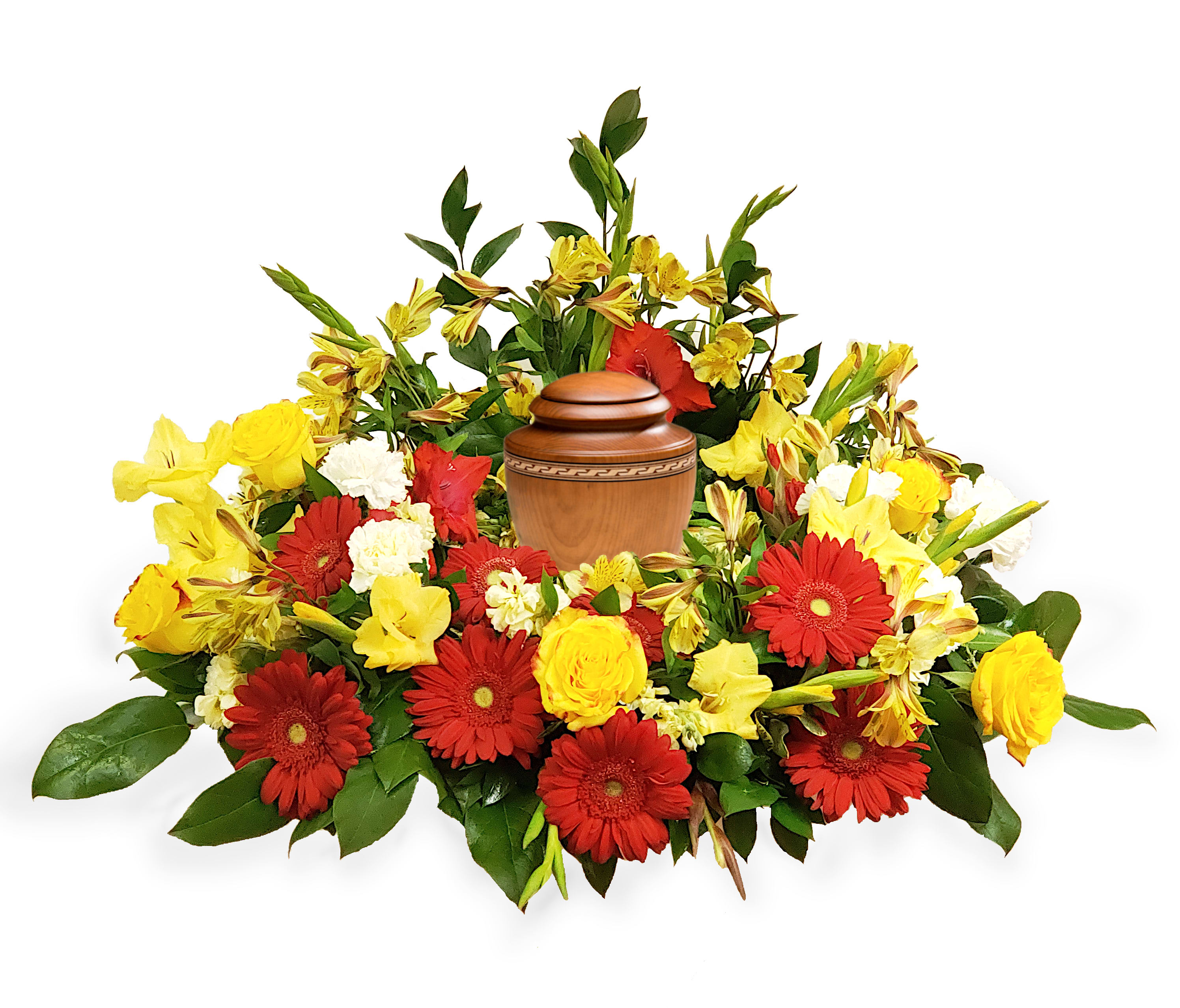 Loving Touch Wreath - This beautifully vibrant urn wreath commemorates a bright and cheerful life. Fully wraps around in a gorgeous display of fresh blooms. 