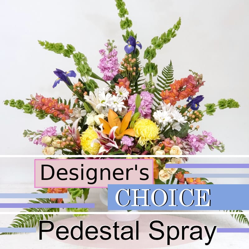 Designer's Choice - Pedestal Spray - A beautiful, mixed-color funeral arrangement will be created with the artistry and vision from your designer. Your design will be unique - using our freshest seasonal blooms. If you have a preferred color palette please let us know in the Florist Instructions box during checkout. If desired, you are invited to call and speak with your designer in depth about your design. 