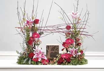 Twin Souls Urn Arrangement - Lilies and Daisies with natural wood framing. Urn is not included. [SF56-11]