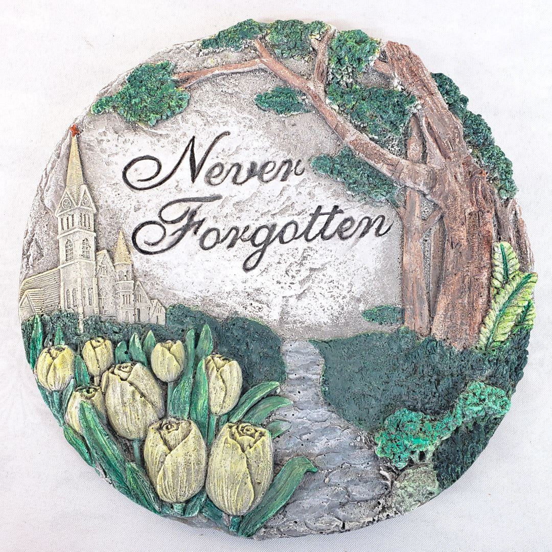 Never Forgotten Plaque - Lovely hand painted 10&quot; stone with inscription. Makes a wonderful companion piece with any plant. 
