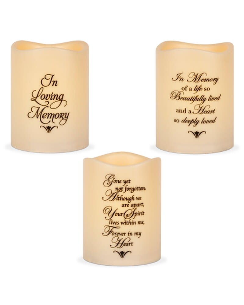 Remembrance Candles 3 asst to choose from Remembrance Candles 3 asst to choose from - Indoor/outdoor resin candle batteries included. 8 hr timer, 6" x 4.5" diameter A/In memory of a life so beautifully lived and a heart so deeply loved B/Gone yet not forgotten Although we are apart Your spirit lives within me Forever in my heart C/In Loving Memory
