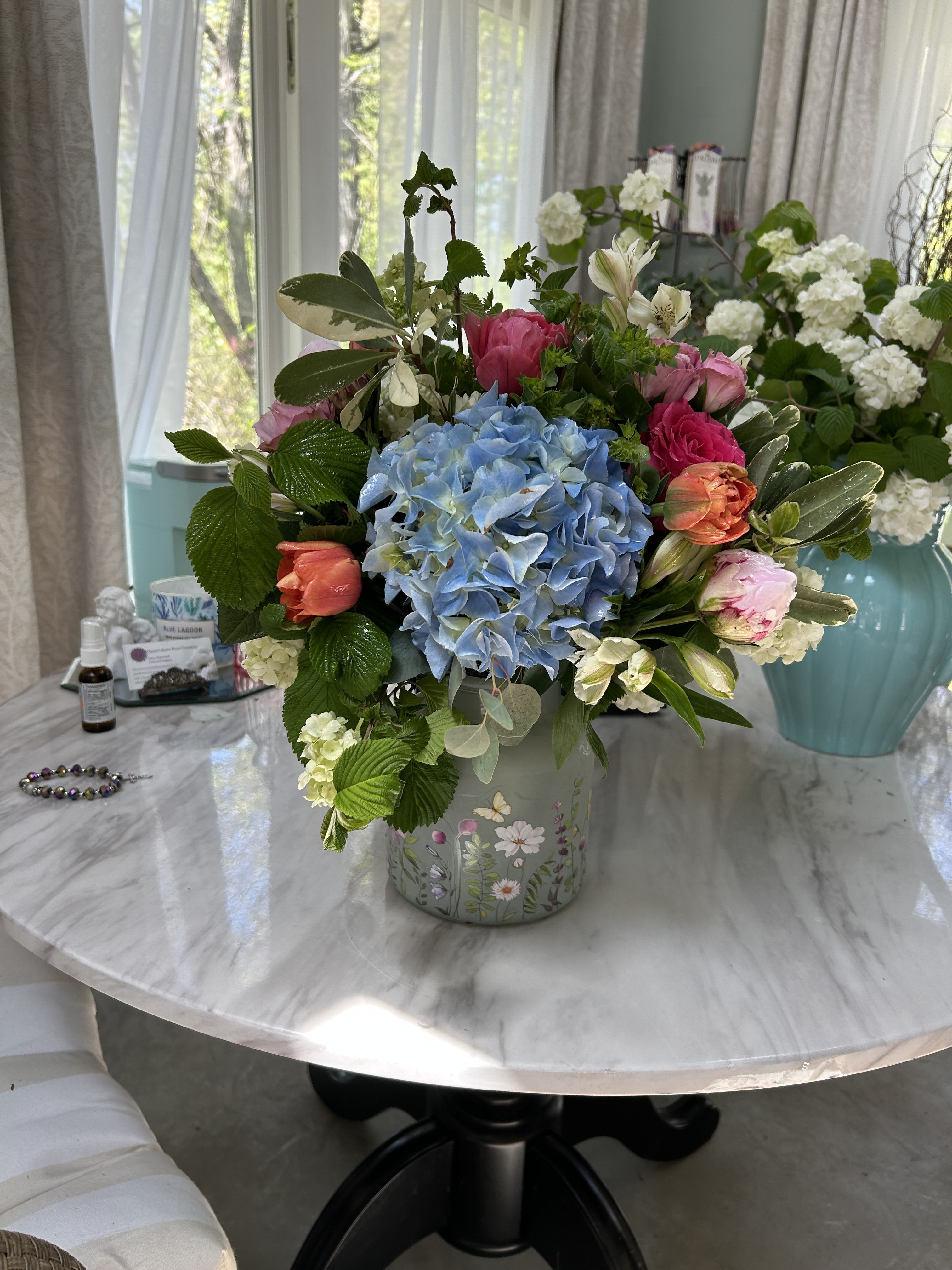 Blue blossom - Blue Hydrangea, with colorful tulips, roses, alstro, eucalyptus and other nice greenery