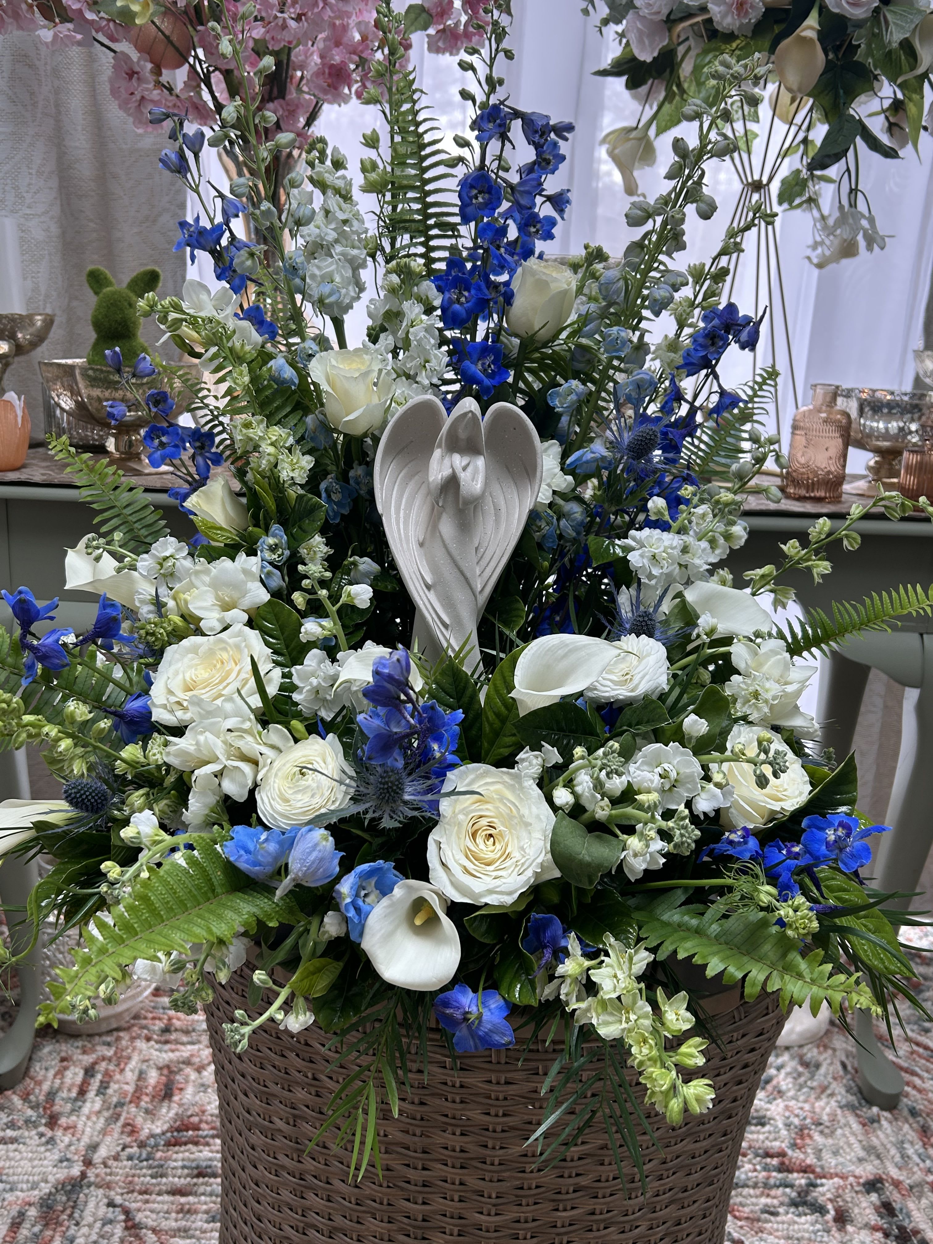 I'll be Blue without you I'll be Blue without you - Light and Dark Blue Delphinium, White larkspur, calla lilies, white roses, white stock , thistle and other white fillers
