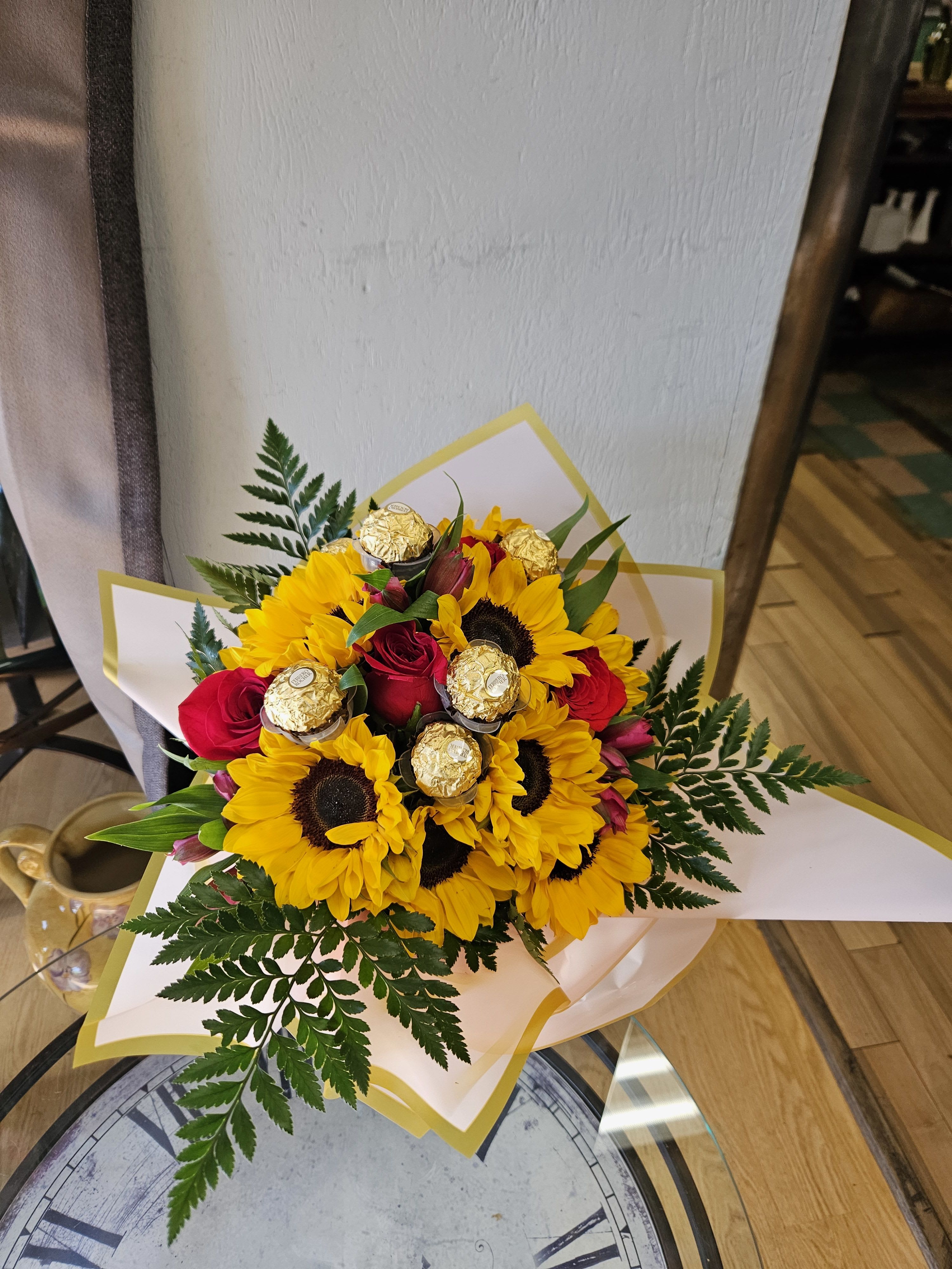 bouquet of sunflowers, chocolates, and red roses -  sunflowers, chocolates, and red roses