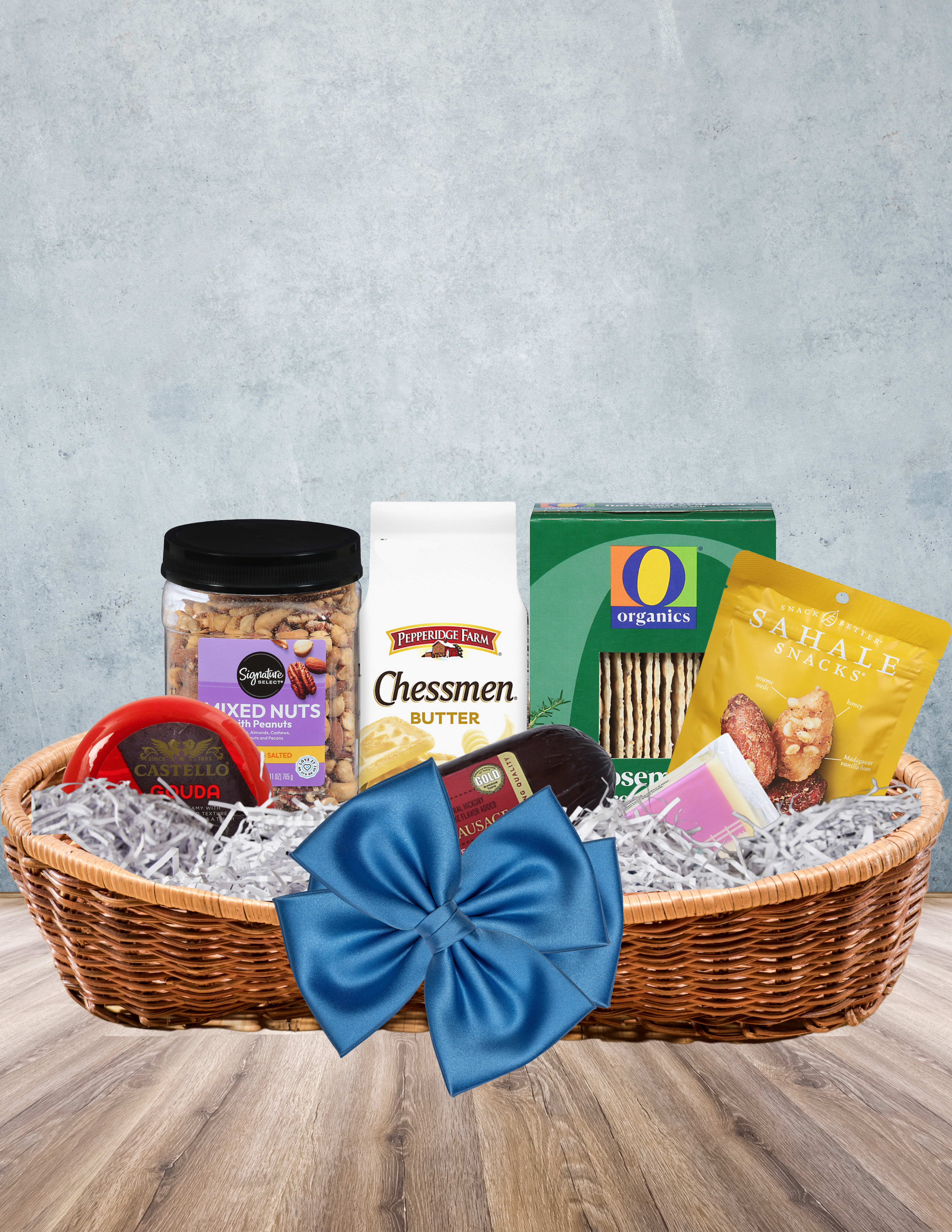 Savory &amp; Sweet Delights Basket - Savory &amp; Sweet Delights Basket Indulge in a perfectly curated medley of gourmet flavors with our Savory &amp; Sweet Delights Basket. This thoughtfully assembled gift brings together crunchy, creamy, salty, and sweet in one irresistible collection—ideal for any occasion, from thank-you gifts to cozy celebrations.  Inside you’ll find: 	•	O Organics Rosemary &amp; Sea Salt Flatbread Crackers – A fragrant, crisp base perfect for pairing. 	•	Pepperidge Farm Chessmen Butter Cookies – Rich, golden cookies that melt in your mouth. 	•	Pepperidge Farm Sausalito Cookies – Crispy cookies packed with milk chocolate chunks and macadamia nuts. 	•	Sahale Glazed Almonds with Honey – A sweet, nutty snack with a touch of gourmet flair. 	•	Signature SELECT Roasted &amp; Salted Mixed Nuts – A hearty blend for a satisfying crunch. 	•	Lucerne Monterey Jack Cheese – Creamy and mild, perfect for slicing and snacking. 	•	Castello Very Mild Gouda – A smooth, mellow cheese that pairs beautifully with crackers. 	•	Hickory Farms Signature Beef Summer Sausage – A smoky, savory classic that completes this indulgent spread.  Whether you’re sending a thoughtful gift or treating yourself, this basket is sure to impress with its delicious variety and quality ingredients. 