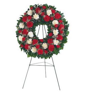 TF 207-2 Red and White Carnation Wreath - Wreath on an easel stand with red and white carnations and babies breath
