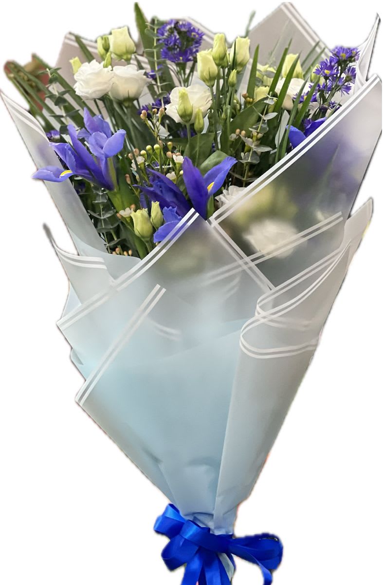 Forever You - A one face loose bouquet arrangement of vibrant Iris flowers and bright white lisianthus illuminate any room. Perfect for all occasions! Please note: Vase not included. 