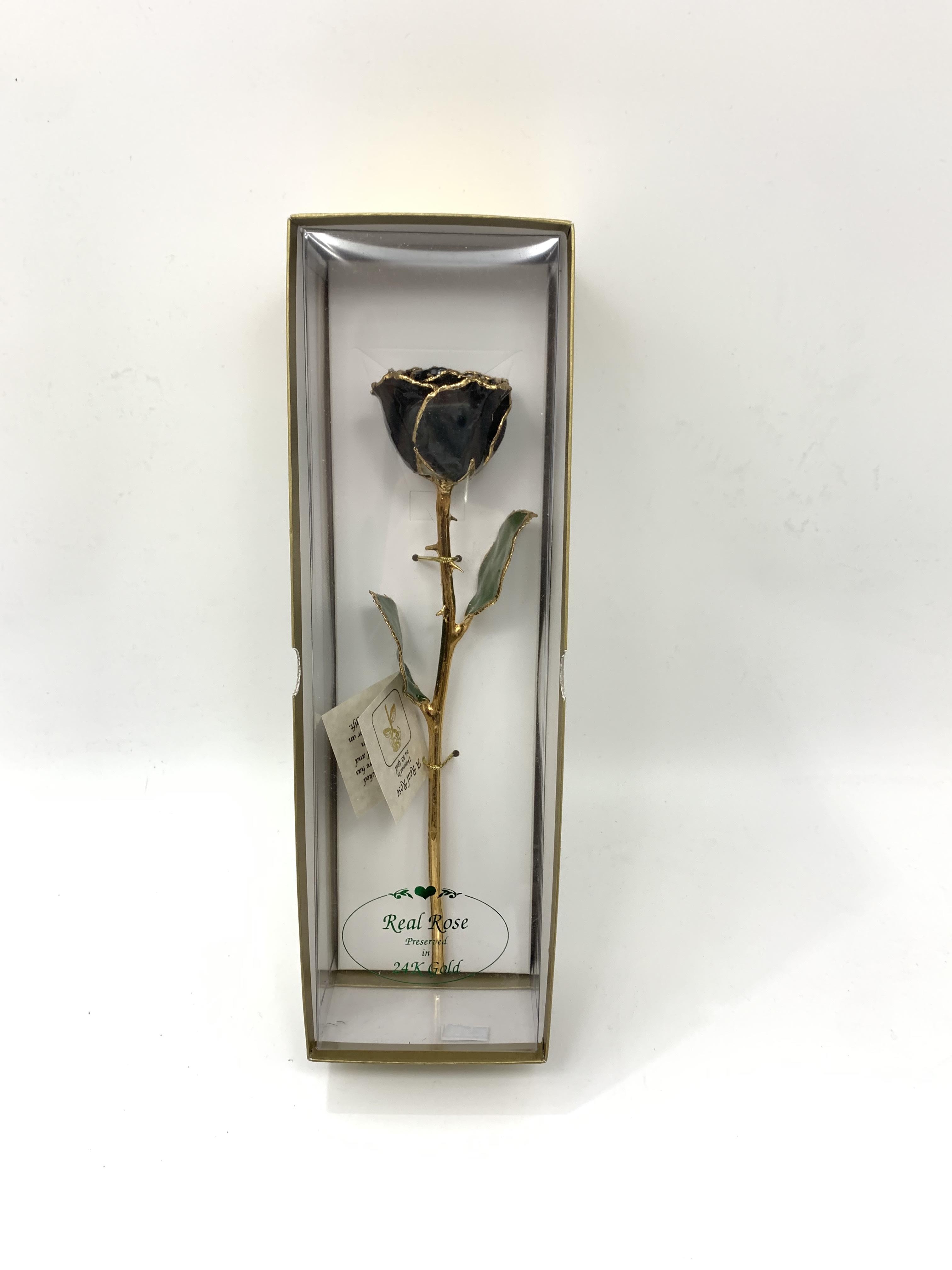 Preserved Black 24KT Gold Rose - A real rose preserved to last and then trimmed with real 24kt gold and presented in a gift box.