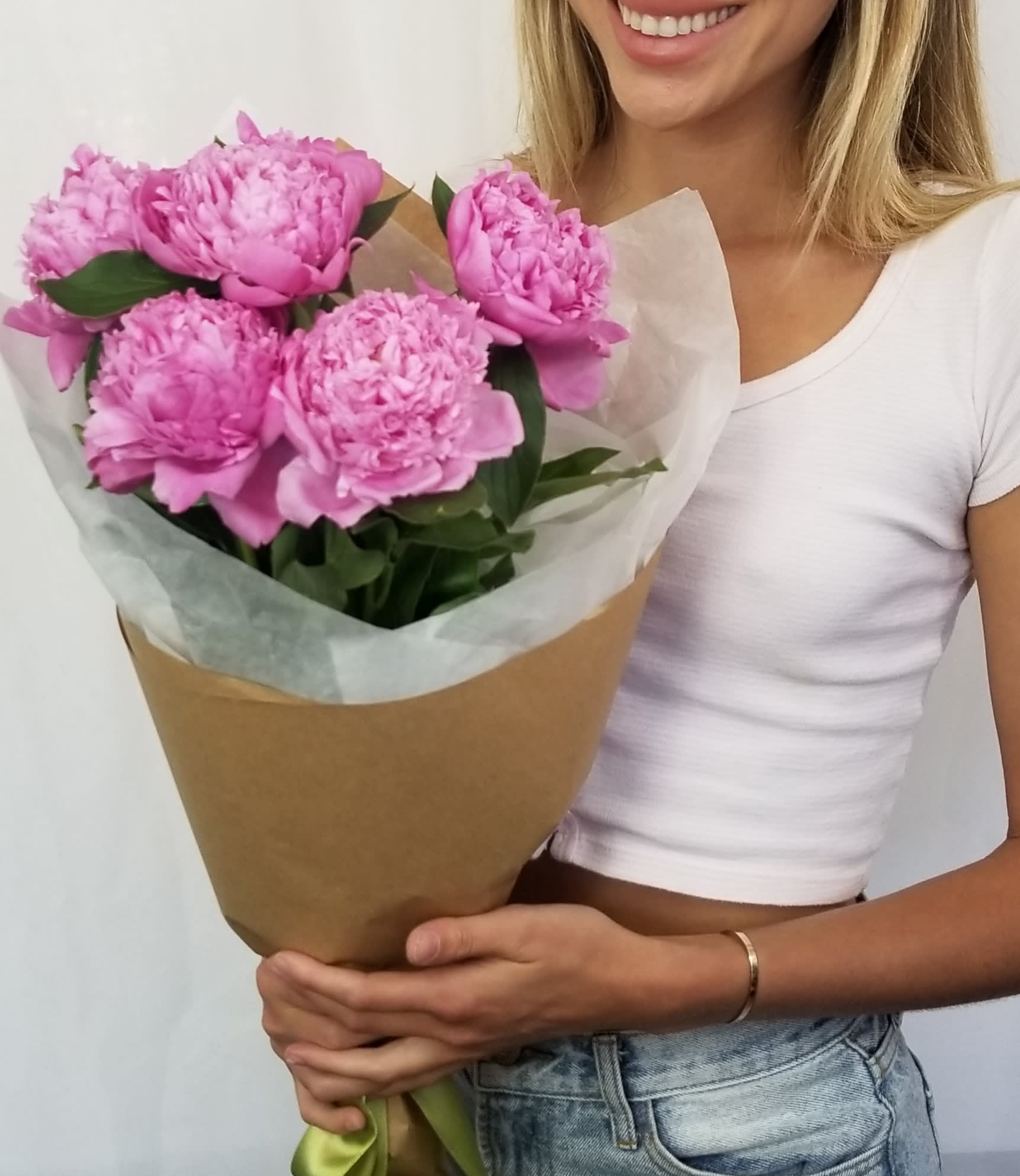Lover's Odyssey by Charlene - Bouquet of imported peonies.Please order 1 week in advance.( When peonies not in season, we will Substitute with Garden roses) Call 562 402 8108 Check the availability) you will see this size of peonies on May and June.
