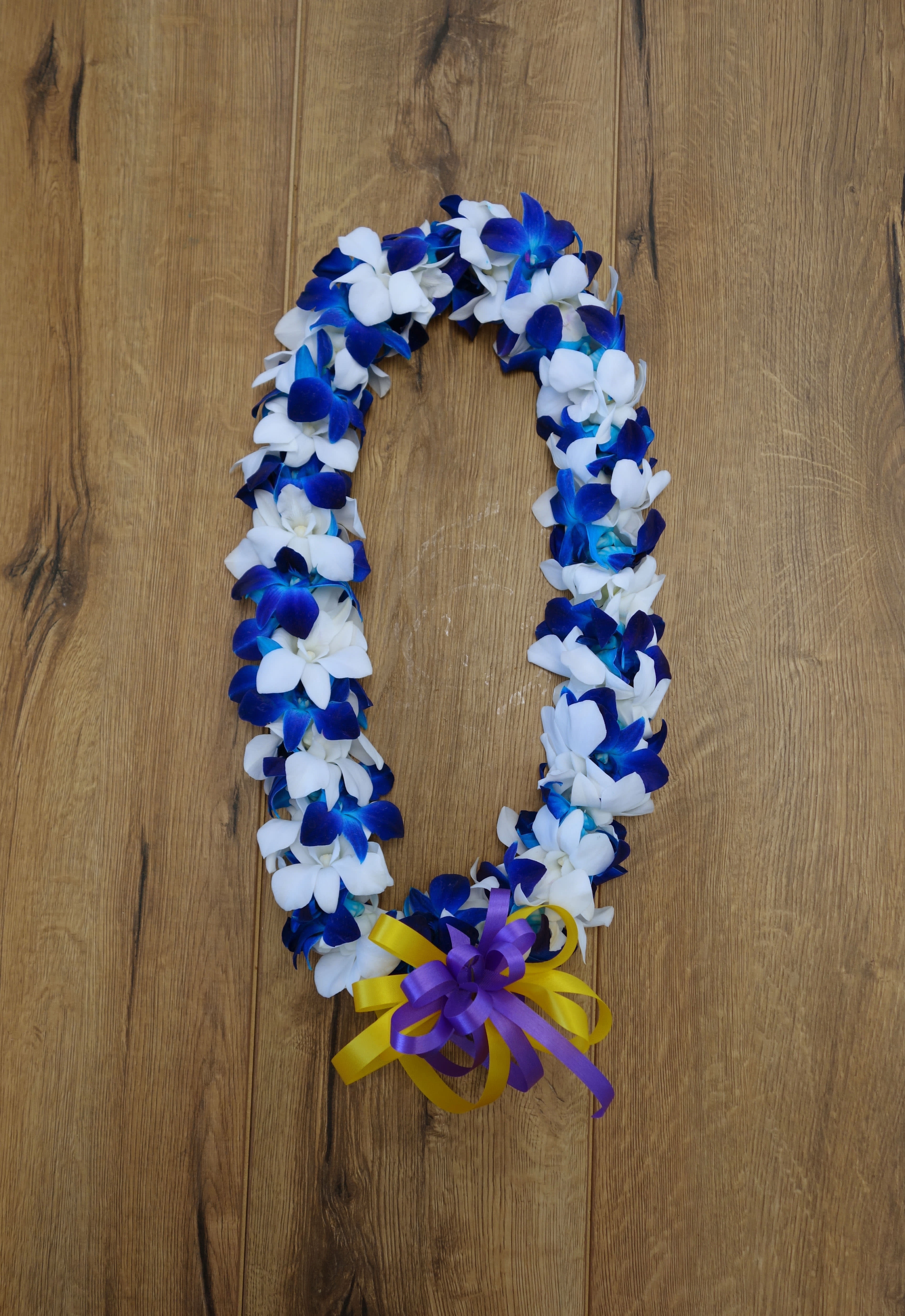 GL#05 Double Leis - Blue and White Orchids - Beautiful Variegated blue and white Dendrobium Orchids for graduation. Ask us to make it special by adding ribbon to match with your school's color. The item is a special order, please order 7 days in advance. Call us if you need it for same week.