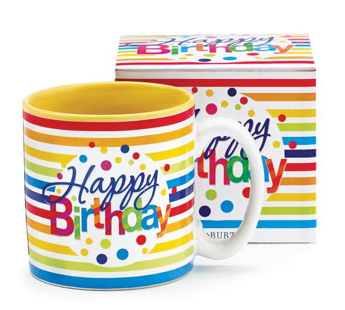 HAPPY BIRTHDAY STRIPES CERAMIC MUG - Dishwasher safe/FDA approved/Microwave safe.   Ceramic decal mug with Happy Birthday message on front and back with color stripes and dots. Yellow interior and white handle. Color gift box.  Holds 13oz.