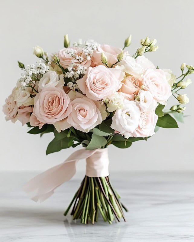 Softly Spoken Bridal Bouquet Softly Spoken Bridal Bouquet - This bridal bouquet features white and peach roses, lisianthus, and baby breath creating a soft, romantic look