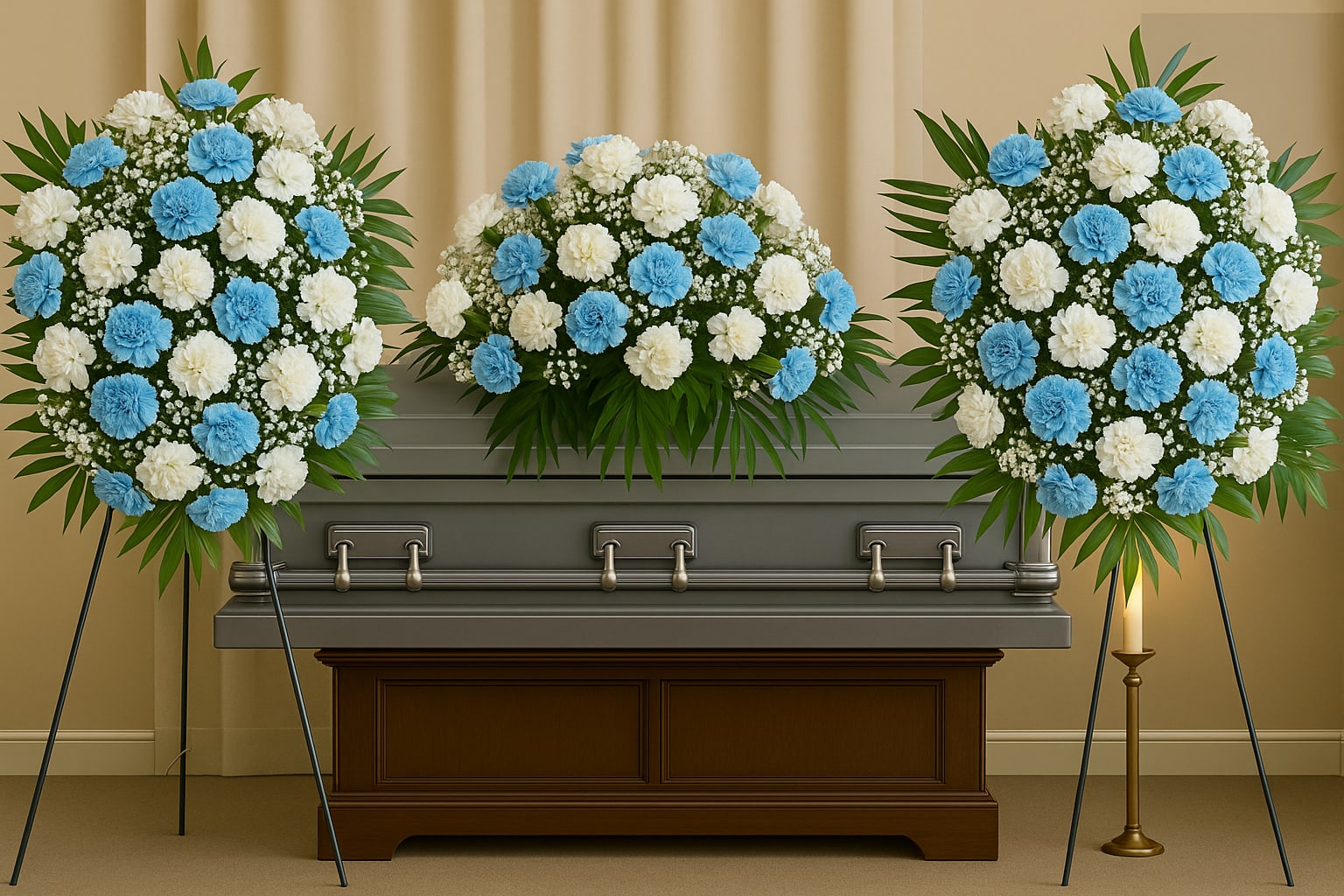 Heaven’s Embrace - Sympathy Tribute Set - Honor a life beautifully lived with our “Heaven’s Embrace” sympathy floral set. This elegant 3-piece tribute includes a refined half-casket spray and two standing sprays, artfully designed in a soft palette of blue and white or Red and white your choice.   Add it the delivery details. 