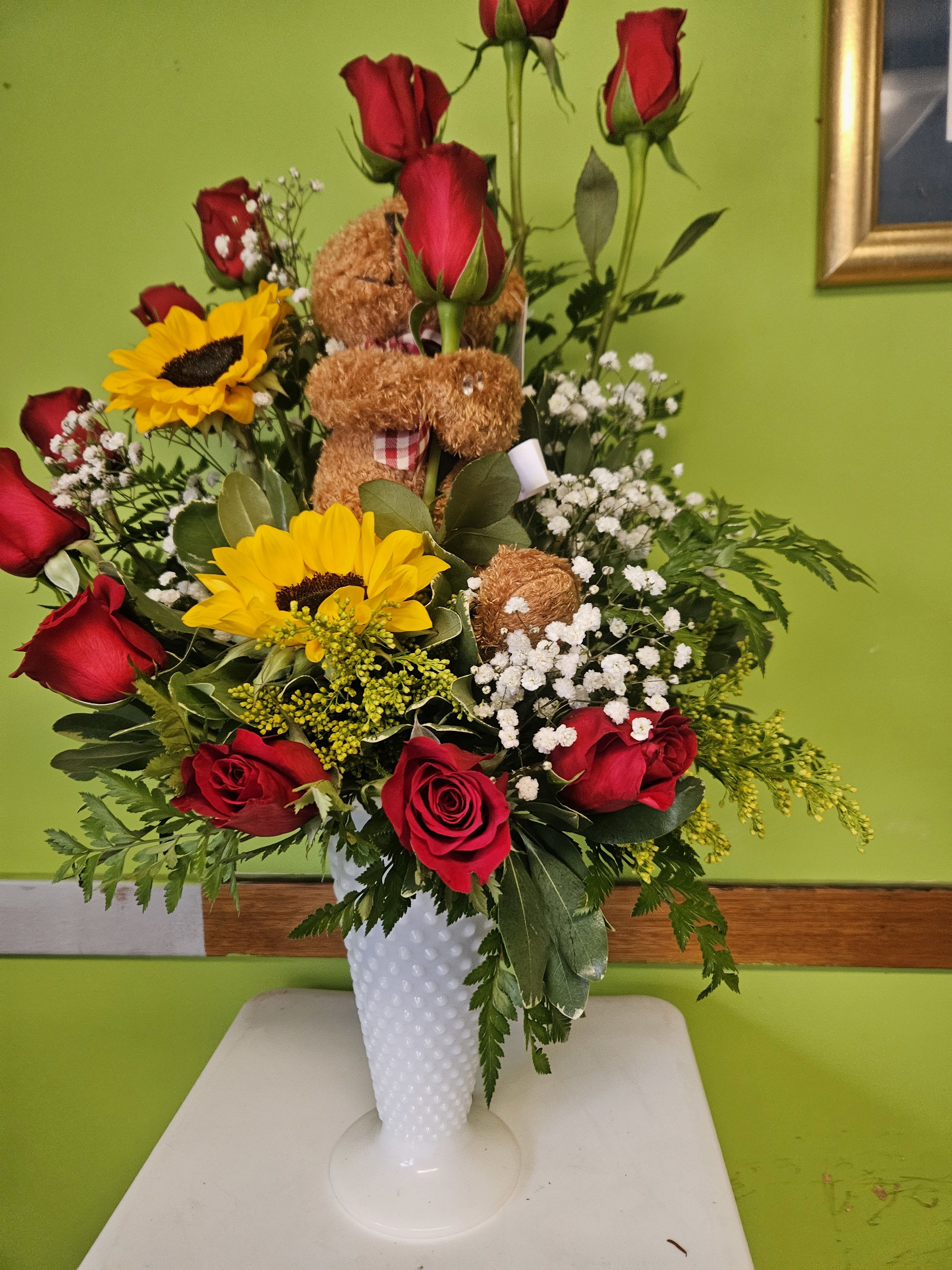 adorable bouquet with bear - solidago red roses