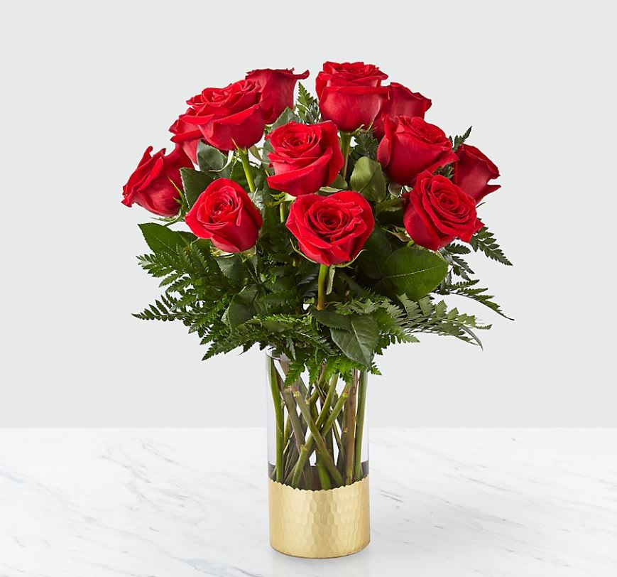 Lovebirds - 12 Red Roses in vase with greens  