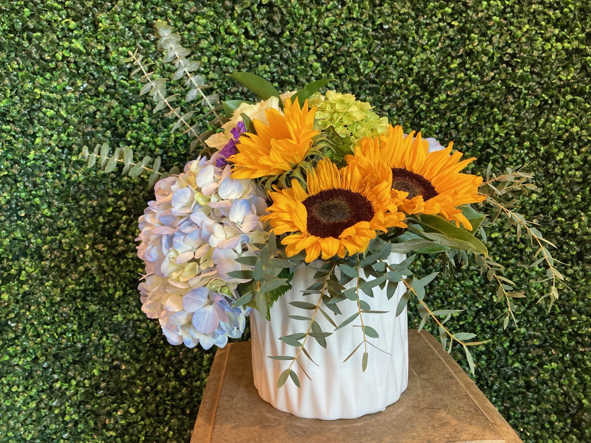 Sunshine with Blue Skies - Sunflowers and blue hydrangea with green 