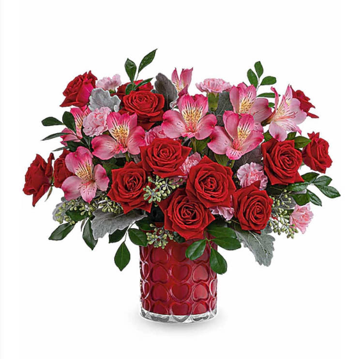 Red Velvet - red roses, pink carnations and pink alstroemeria