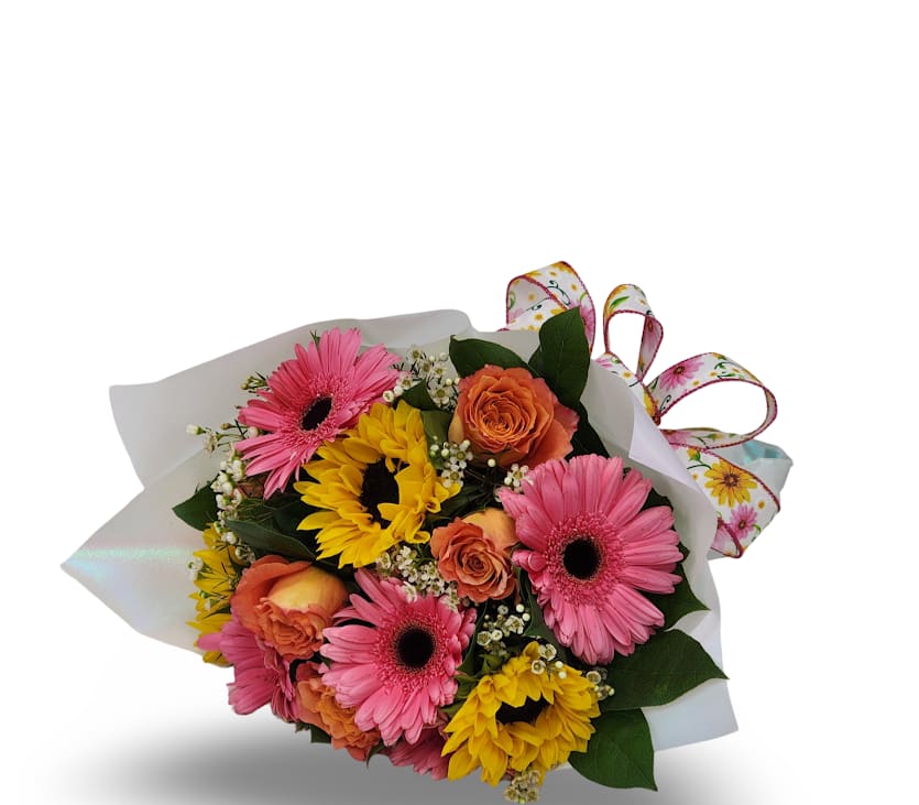 Purrrfect Petals Cello Purrrfect Petals Cello - Bright, cheerful, and completely cat-safe, Purrrfect Petals is a vibrant mix of sunflowers, gerberas, and roses wrapped in crisp white paper with a playful floral bow. With sunny yellows, warm oranges, and pops of pink, this bouquet brings joy without worry—perfect for pet-loving homes. Whether it’s for a celebration or just to brighten someone’s day, this bouquet is as thoughtful as it is beautiful. This wrapped bouquet comes with its stems secured in a moist sponge to keep them fresh for a few hours, but it should be placed in water as soon as possible.