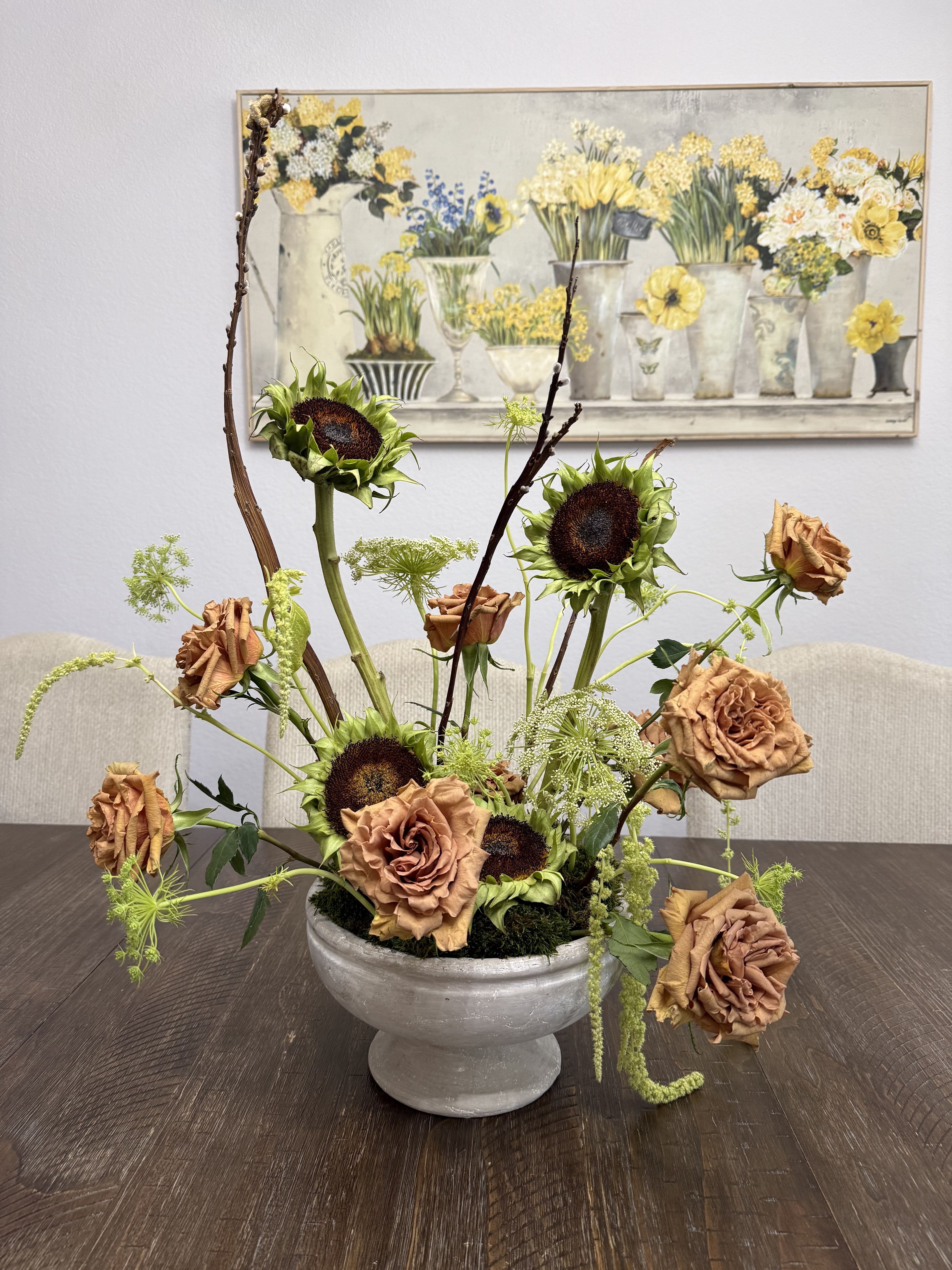 Toffee - Toffee roses, sunflowers and hanging amaranthus in a ceramic container