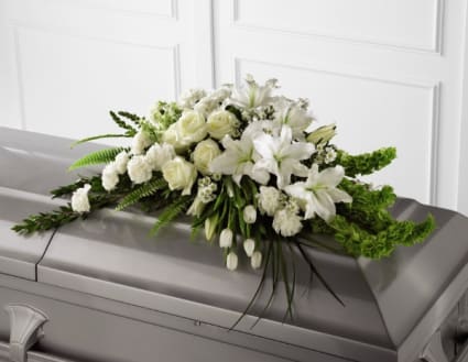 CHB140 - Elegant white casket blanket arrangement. Can be designed for half or full length.