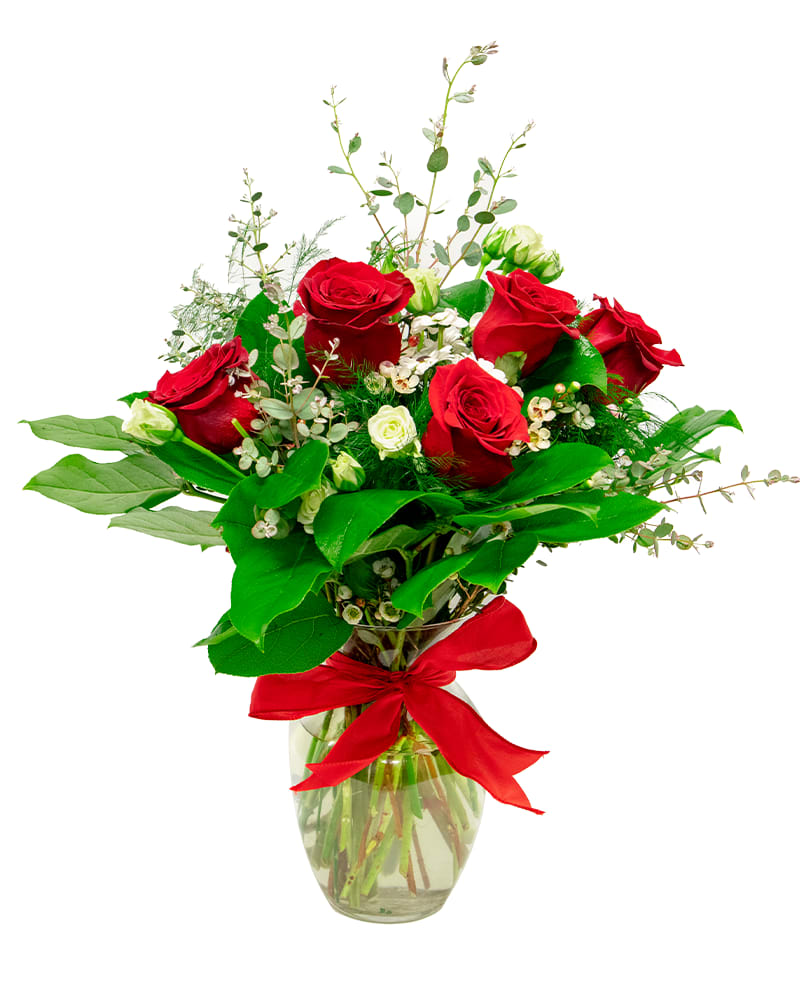 Love Is In The Air Love Is In The Air - An incredible deal for you special loved one for any occasion. A medium 1/2 red roses and spray roses, with multiple fillers, greens, in a clear vase with a bow. We can sub color of rose, upon request in special instructions