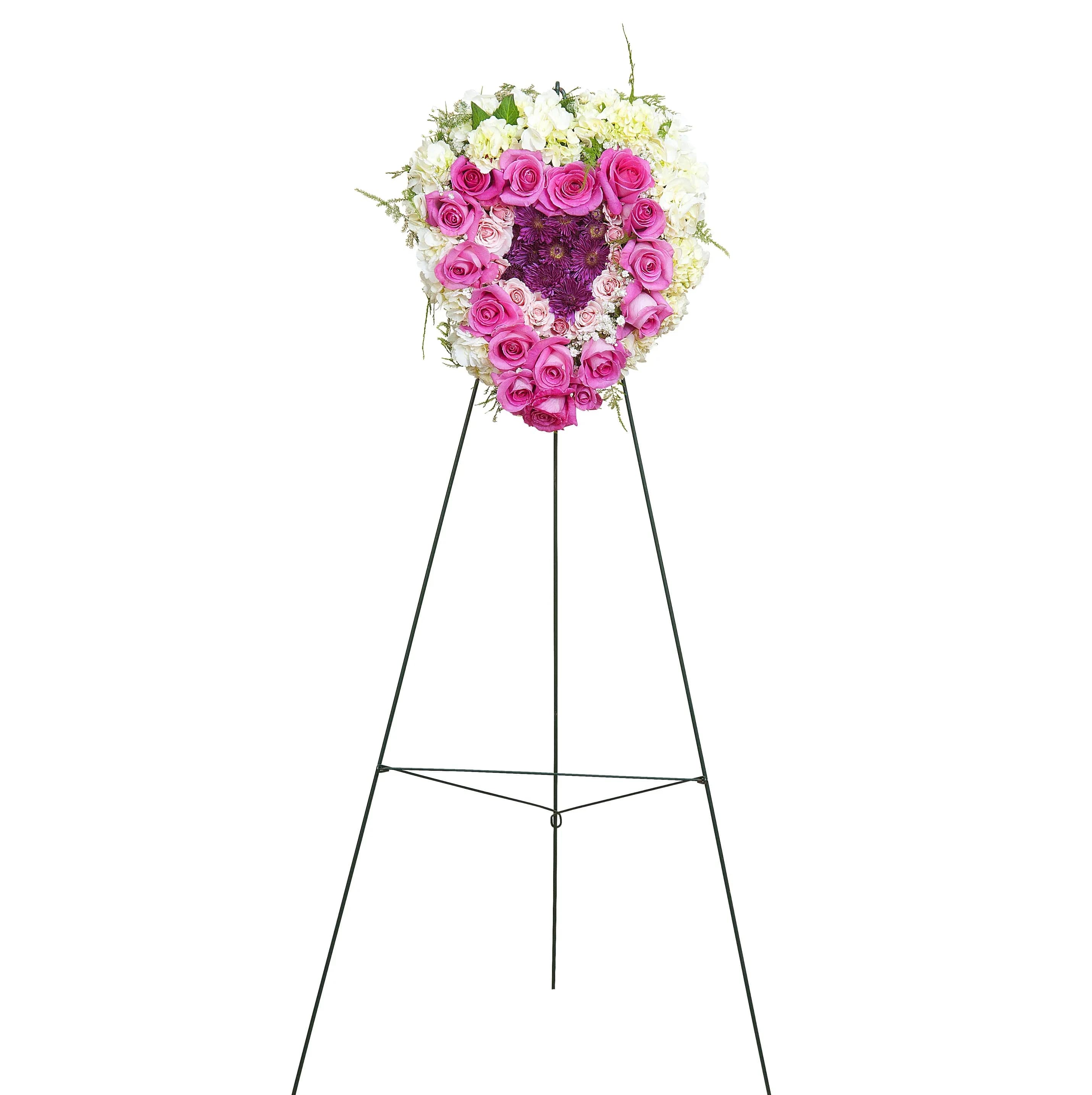 Peaceful Pink Standing Heart Peaceful Pink Standing Heart - Pink, white, and lavender flowers in the shape of a heart to show your love.
