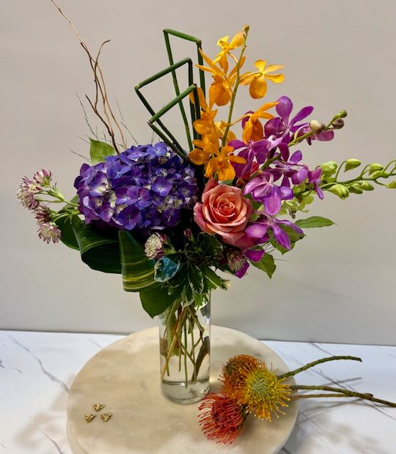 Orchid Fusion Muse - Orchid Fusion Special is a vibrant, high-end arrangement featuring bold mokara orchids and seasonal blooms. Designed to impress, it offers luxury and color at a great value—perfect for any occasion.