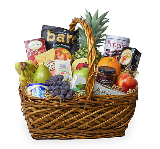 Fruit and Gourmet Basket - Basket with different fruits, such as assorted apples, citrus, bananas, pineapple, and more, with assorted meats and cheeses. Each basket is individually made and will differ.