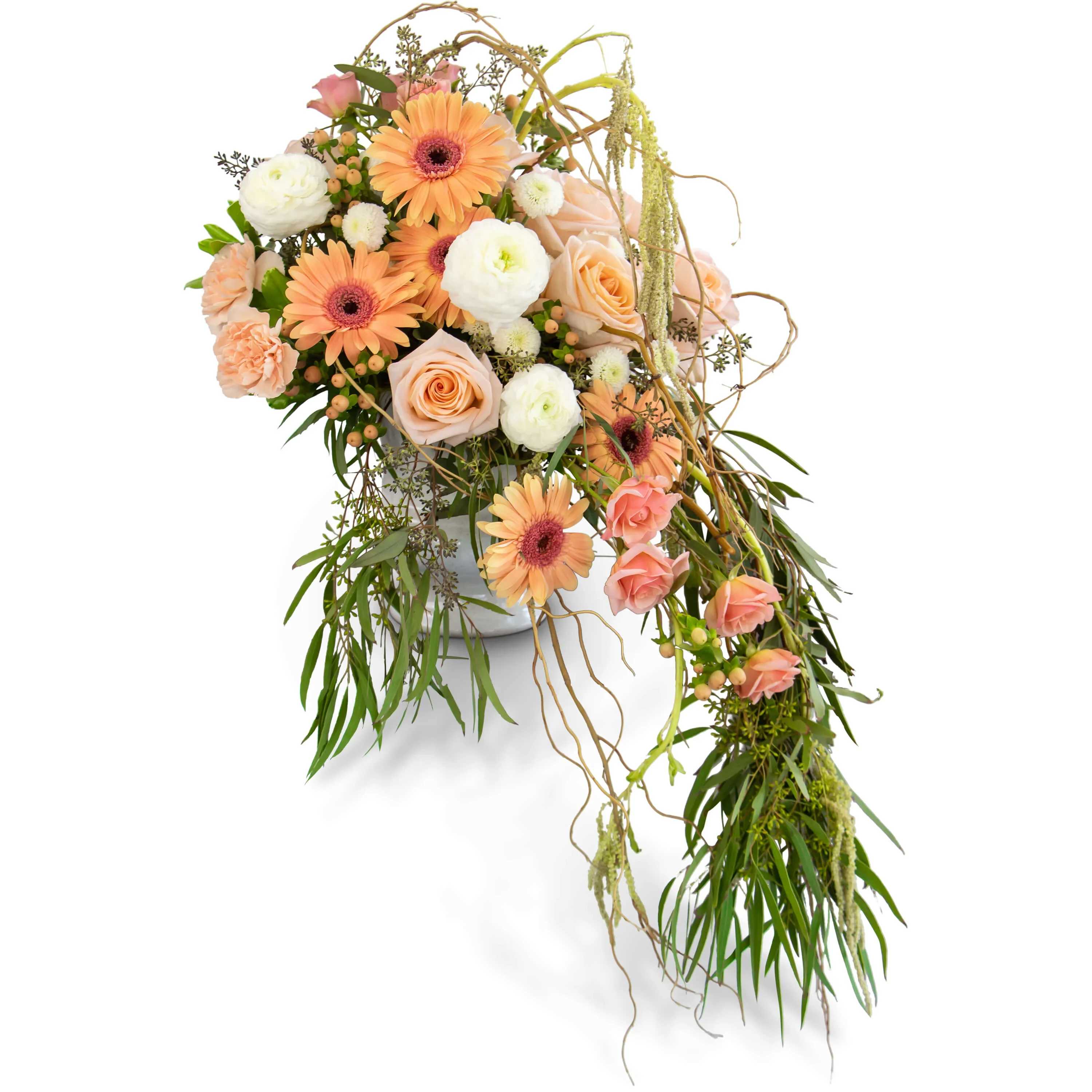 Divine Grace Waterfall Divine Grace Waterfall - Roses, Chrysanthemums, Ranunculus, Carnations, Gerbera Daisies and Hypericum Berries are artistically designed in a cascading motion. The Divine Grace Waterfall is an exquisite piece of this collection.
