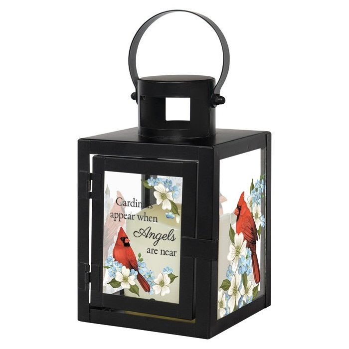 Sympathy Lantern 9.5" - Cardinals Appear Sympathy Lantern 9.5" - Cardinals Appear - Glass lantern with flameless LED candle; an artisan design to add ambiance and soft mood lighting to any space. Useful décor for hanging or freestanding Lettered sentiment on powder coated glass Cardinals appear when angels are near Cardinals and flowers Operates on 3 AAA batteries which are not included Built-in automatic timer, 6 hours on/off Heartwarming memorial gift 9.50" x 4" x 4"
