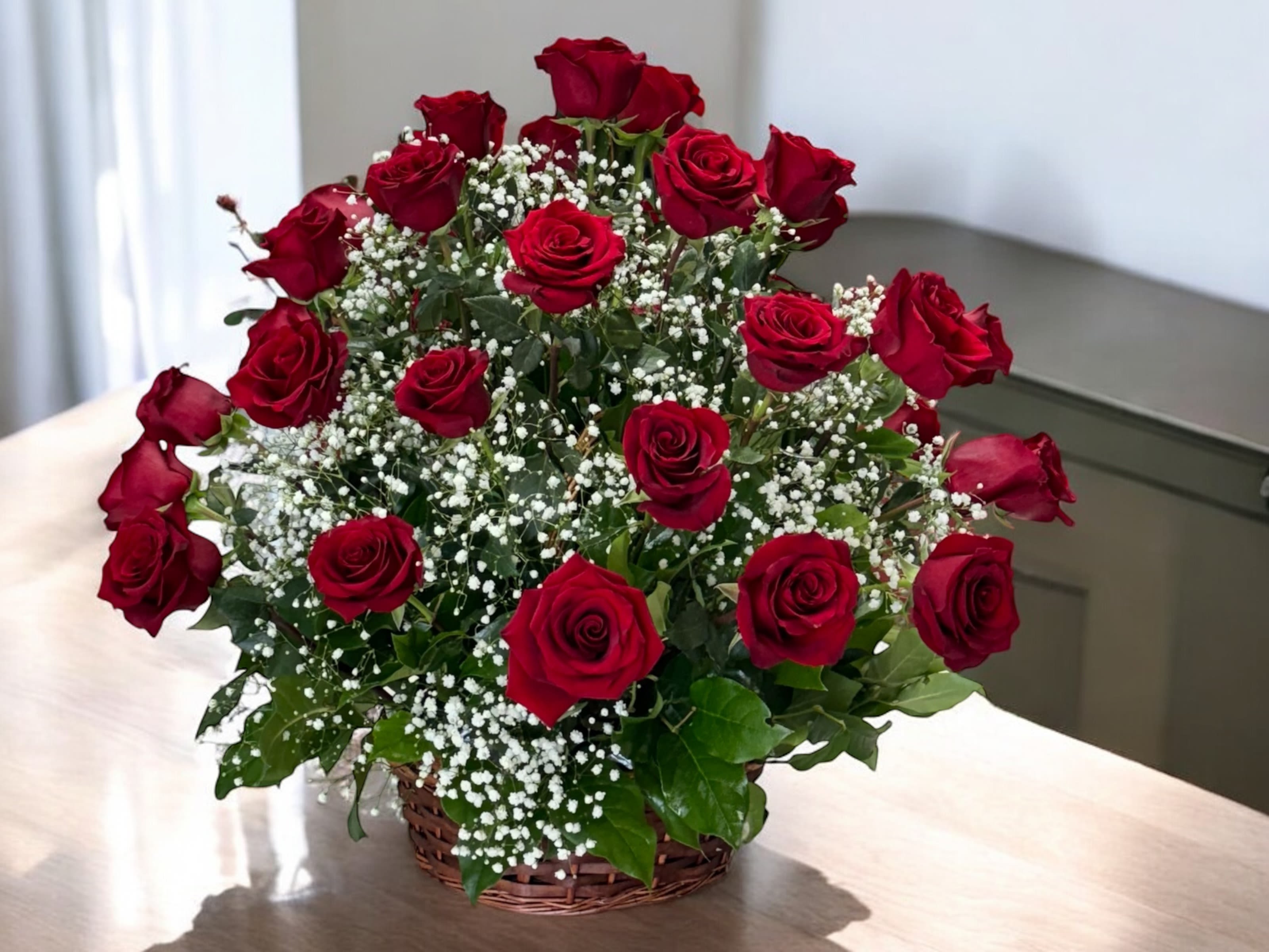 30 Premier Deep Red Roses Arrangement Basket  - Beautiful fresh Deep red roses along baby breath and greenery a nice basket 