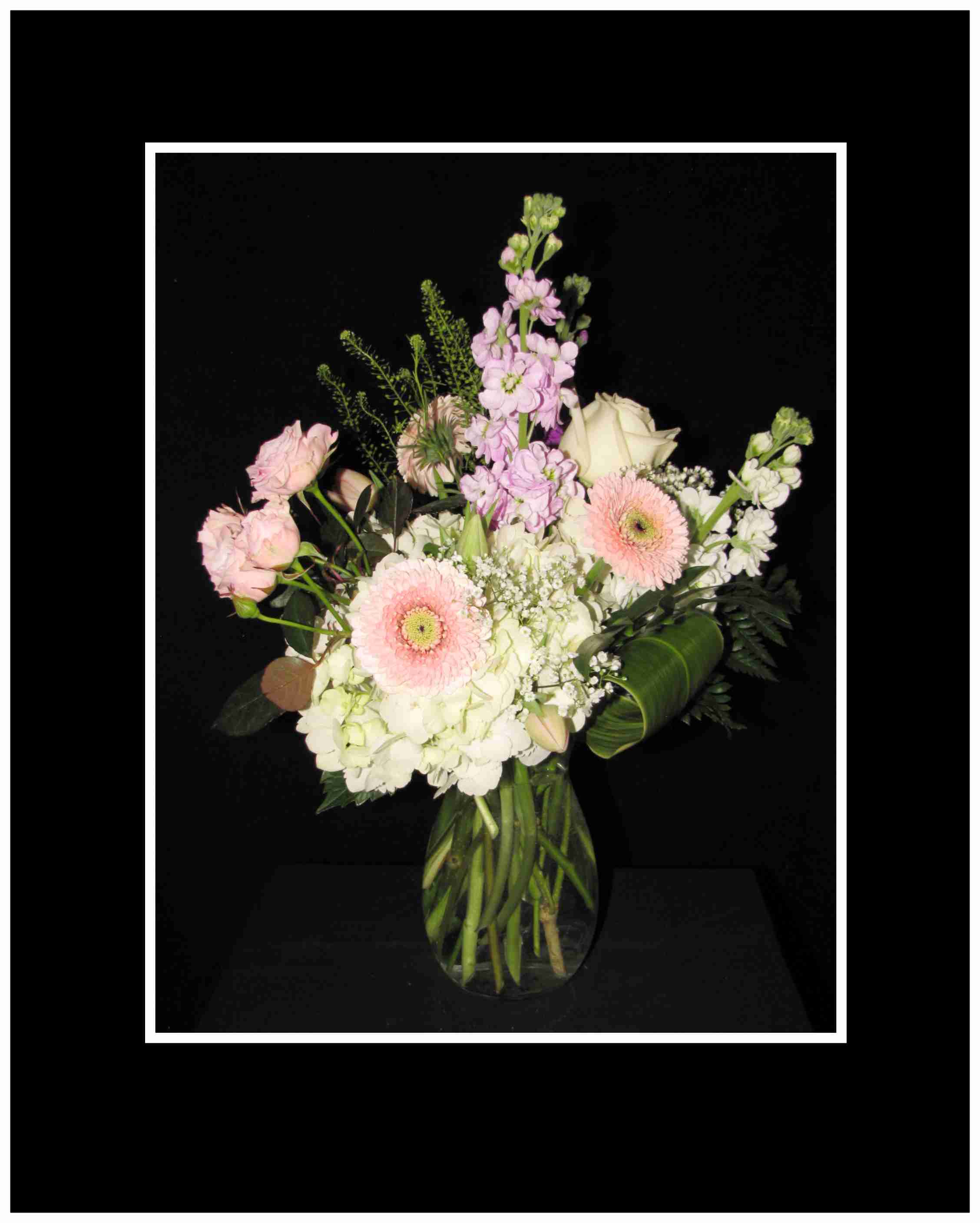 Young Love Bouquet Young Love Bouquet - This arrangement is a vase with a hydrangea, gerbera daisies, roses and stock with curled tropical leaves,&n just right for the young lovers heart. Aprox 16" x 13"