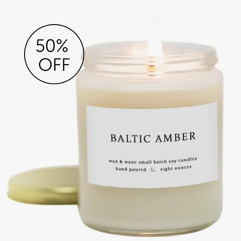 SALE 50% OFF - Baltic Amber Modern Soy Candle - According to legend amber is produced at the moment the sun is setting, and the ray strikes the surface of the soil. Capturing the setting sun rays, this balanced soy candle has top notes of rich vanilla, sandalwood, and musk combined with citrus, lavender, and jasmine.  Fragrance is infused with orange, lavender, coaiba, basalm, lemon, and grapefruit essential oils.  Hand-poured soy candle in an 8 oz. glass mason jar. Candle is three inches in diameter &amp; burns for 50+ hours.  Made in United States of America 