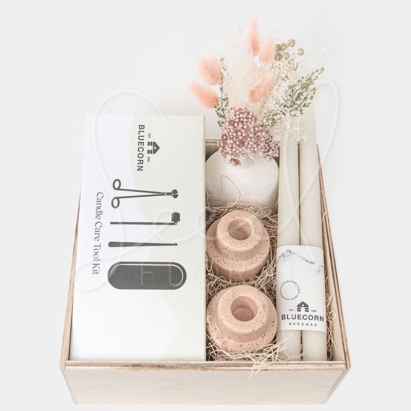 Candle Lover's Gift Box - Peach - The perfect gift for the candle lover in your life!  Gift Box Includes: * 1 set of Ivory Bee's Wax Candles * 2 Peach Speckled Taper Candle Holders * 4-piece Candle Care Kit (includes one wick trimmer, one candle snuffer, one wick adjuster, and one tool storage tray) * 1 Everlasting dried floral bouquet in a Cream Ceramic Bud Vase.  All items are carefully arranged in a natural 10x10 wooden box.