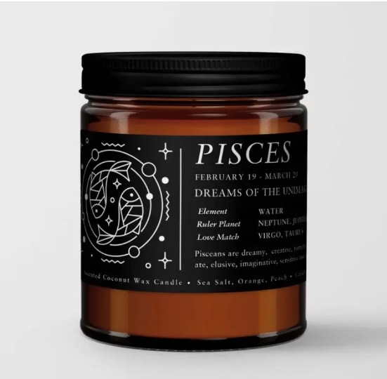 Zodiac / Birthday Candle I  Pisces (Feb. 19 - Mar. 20) - Zodiac candles are the perfect gift and sell year around. Our Zodiac candles feature a unique scent for each element group.  The Scents 1. Fire Signs (Aries, Leo, Sagittarius): A mix of strong and seductive aromas, passionate dark plum is paired with inspiring sea salt and elements of bold, musky amber.  2. Earth Signs (Taurus, Virgo, Capricorn): Uplifting notes of fresh greens with mossy wood, rosemary and eucalyptus. 3. Air (Gemini, Libra, Aquarius): Appealing blend of tart currant with sweet lemon peel and spicy geranium, juniper and peppermint.  4. Water (Cancer, Scorpio, Pisces): Sensual notes of sea minerals of balanced with alluring light musk and amber.  Expect the best. We hand-pour every candle in our California studio and strictly use the finest quality ingredients. The result is a Premium Scented Candle that burns cleaner, longer and stronger, for truly room filling aromas.  Natural Coconut-Apricot Wax Blend Aroma Oils that are free from carcinogens, reproductive toxins  Details  •  Made in United States •  Dimensions: 2.9&quot; w x 3.5&quot; h