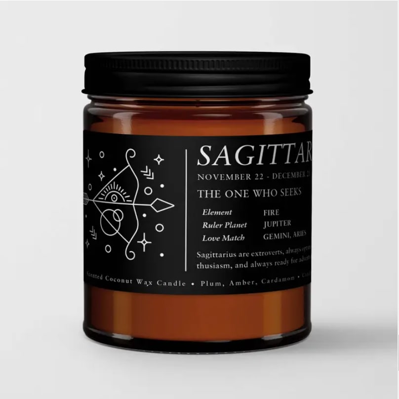 Zodiac / Birthday Candle I Sagittarius (Nov. 22 - Dec. 21) Zodiac / Birthday Candle I Sagittarius (Nov. 22 - Dec. 21) - Zodiac candles are the perfect gift all year round. These Zodiac candles feature a unique scent for each element group. The Scents 1. Fire Signs (Aries, Leo, Sagittarius): A mix of strong and seductive aromas, passionate dark plum is paired with inspiring sea salt and elements of bold, musky amber. 2. Earth Signs (Taurus, Virgo, Capricorn): Uplifting notes of fresh greens with mossy wood, rosemary and eucalyptus. 3. Air (Gemini, Libra, Aquarius): Appealing blend of tart currant with sweet lemon peel and spicy geranium, juniper and peppermint. 4. Water (Cancer, Scorpio, Pisces): Sensual notes of sea minerals of balanced with alluring light musk and amber. Expect the best. We hand-pour every candle in our California studio and strictly use the finest quality ingredients. The result is a Premium Scented Candle that burns cleaner, longer and stronger, for truly room filling aromas. Natural Coconut-Apricot Wax Blend Aroma Oils that are free from carcinogens, reproductive toxins Details • Made in United States • Dimensions: 2.9" w x 3.5" h