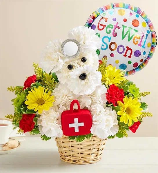 Cure-All Doggie With Get Well Mylar Cure-All Doggie With Get Well Mylar - Our doggie doctor is the perfect pick-me-up for anyone feeling under the weather—and he loves to make house calls! From our signature collection, this cute creation is surrounded by a vibrant bunch of blooms, ready to brighten anyone’s day. Add an uplifting balloon to get them on the mend in no time.