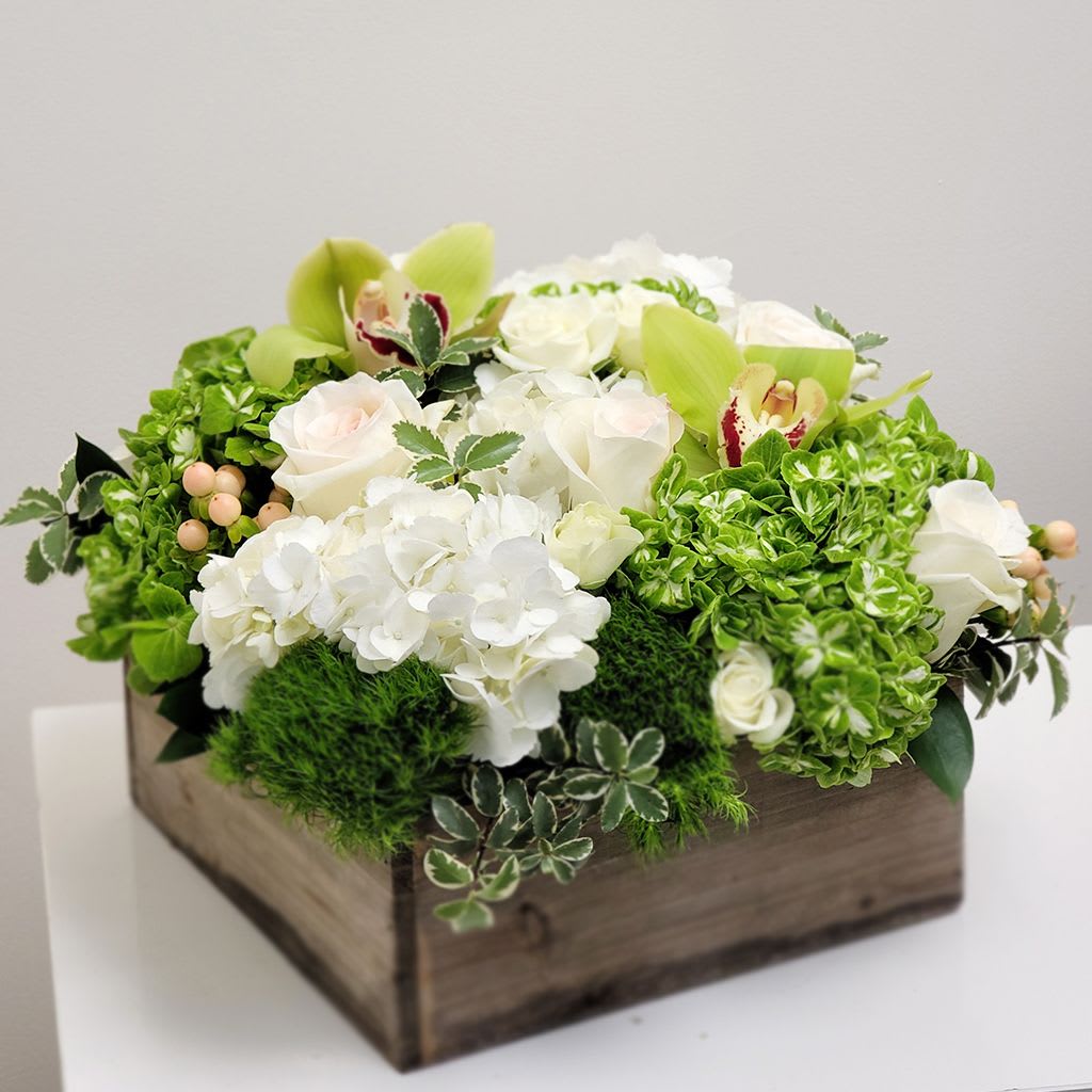 Tanquility Garden  - Embrace serene beauty with our &quot;Tranquility Garden Box.&quot; This thoughtfully curated seasonal floral arrangement arrives nestled in a rustic wooden gift box, creating a charming and natural display.   Simply add water daily to the floral foam to keep your blooms vibrant and long-lasting.  Approximate Size: 10&quot; W x 8&quot; H. Bring home a touch of nature's peace, order today!