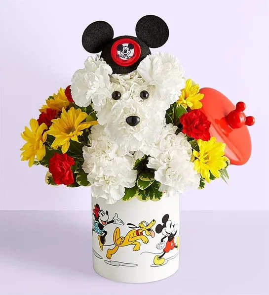 Disney Mickey’s Magical Pup™ in a Cookie Jar Disney Mickey’s Magical Pup™ in a Cookie Jar - A pup full of personality—and nostalgia! Bring the magic of Disney to your flower gift with our Disney Mickey Mouse and Friends Cookie Jar – a-DOG-able®. This exclusive arrangement features our iconic floral puppy, handcrafted from fresh white carnations and surrounded by bright red and yellow blooms, inspired by Mickey Mouse's classic look. Topped with a miniature replica of the 1950s Mouseketeer hat, this adorable dog sits in a keepsake ceramic cookie jar adorned with beloved Mickey Mouse and Friends artwork. It’s the perfect gift for Disney lovers, collectors, birthdays, or just because—combining flowers, fun, and timeless charm. Why It’s a Magical Favorite: Combines flowers and a collectible keepsake Features a floral pup dressed in Disney style Brings smiles to Disney fans of all ages Makes a great gift for birthdays, celebrations, or get well wishes Product Details One-sided 3D arrangement with white carnations, red mini carnations, yellow daisy poms, and greenery Designed in the shape of a puppy with eyes, nose, and Mouseketeer hat Presented in a food-safe Mickey Mouse and Friends ceramic cookie jar (7.5"H x 4.5"D) Floral arrangement measures approximately 14"H x 10"W Flowers are hand-designed by local florists; colors and blooms may vary by availability