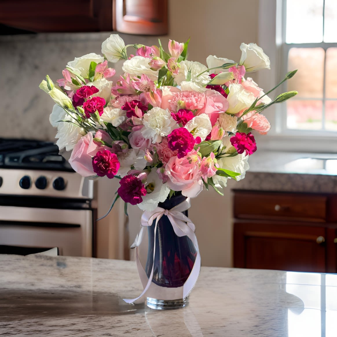Flowers in a vase &quot;Whispers of Joy&quot; - Flowers &quot;Whispers of Joy&quot; bouquet blends romantic roses, cheerful carnations, delicate eustoma, and vibrant alstroemeria into a charming vase arrangement. Perfect for anniversaries, birthdays, or sending heartfelt congratulations, this elegant bouquet brings color and joy to any occasion. Each bloom is selected for its freshness, ensuring long-lasting beauty.  With same-day flower delivery in Los Angeles, this arrangement is ideal for expressing love, appreciation, or celebration. Whether it's a gift for a loved one or a way to brighten your home, the Whispers of Joy bouquet adds sophistication and charm to every moment.