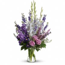 Joyful Memory -  Lavender and white sympathy flowers make a grand statement in this joyful bouquet. Cherish your memories with this lasting remembrance of lavender larkspur and roses, deep purple asters, pure white gladioli and the softest pink heather.