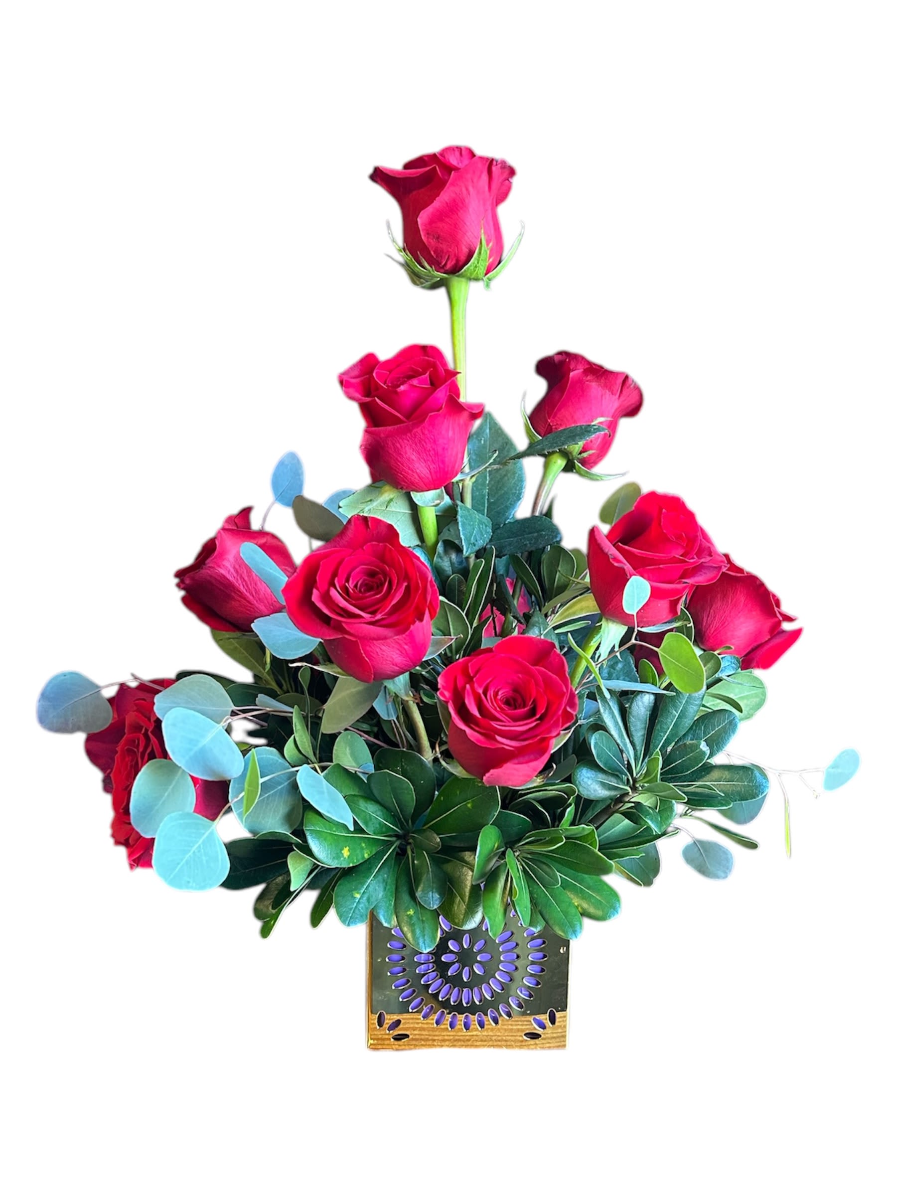 Merlot in Gold Bouquet - Introducing &quot;Merlot in Gold,&quot; a captivating bouquet featuring a dozen radiant red roses beautifully paired with fresh eucalyptus, all elegantly arranged in a chic gold cube vase. Priced at $89.99, this stunning arrangement exudes love and sophistication, making it the perfect gift for Valentine's Day, anniversaries, birthdays, or just because. The rich hues of the roses symbolize deep affection, while the eucalyptus adds a refreshing touch of greenery and a delightful fragrance. Bring warmth and elegance into any space with this luxurious bouquet that’s sure to impress.