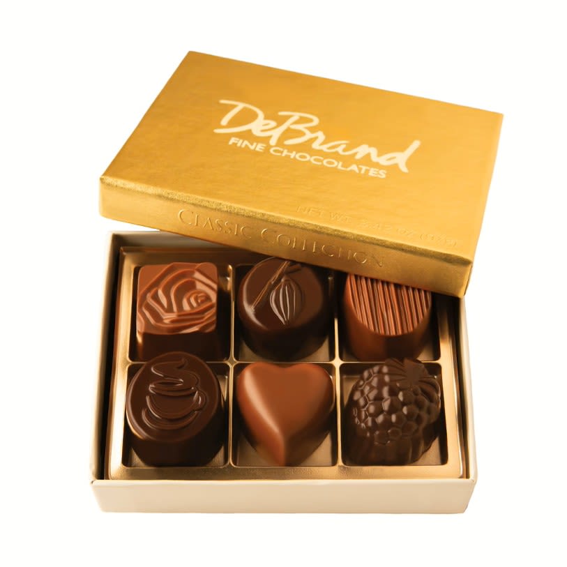 Add-On; DeBrand 6 pc Classic Collection Box (30% OFF) - ***SHORT TIME ONLY: 30% OFF*** Originally $17 6 pc Classic Collection Box  Timeless favorites make up our most popular collection including luscious caramel variations, pure fruit creams bursting with wonderfully intense flavors, as well as other unusual and traditional varieties! Café Latte Chocolate Silk European Heart Rose Carmella Raspberry Cream - Dark Salted Peanut Butter  This item is available as an add-on item only and must be ordered in conjunction with any other product on our website to meet the $55 order minimum for delivery. Otherwise, it is pick-up only.  Please note that cancellations are subject to a 10% processing fee, or up to $25 for all refunds processed.