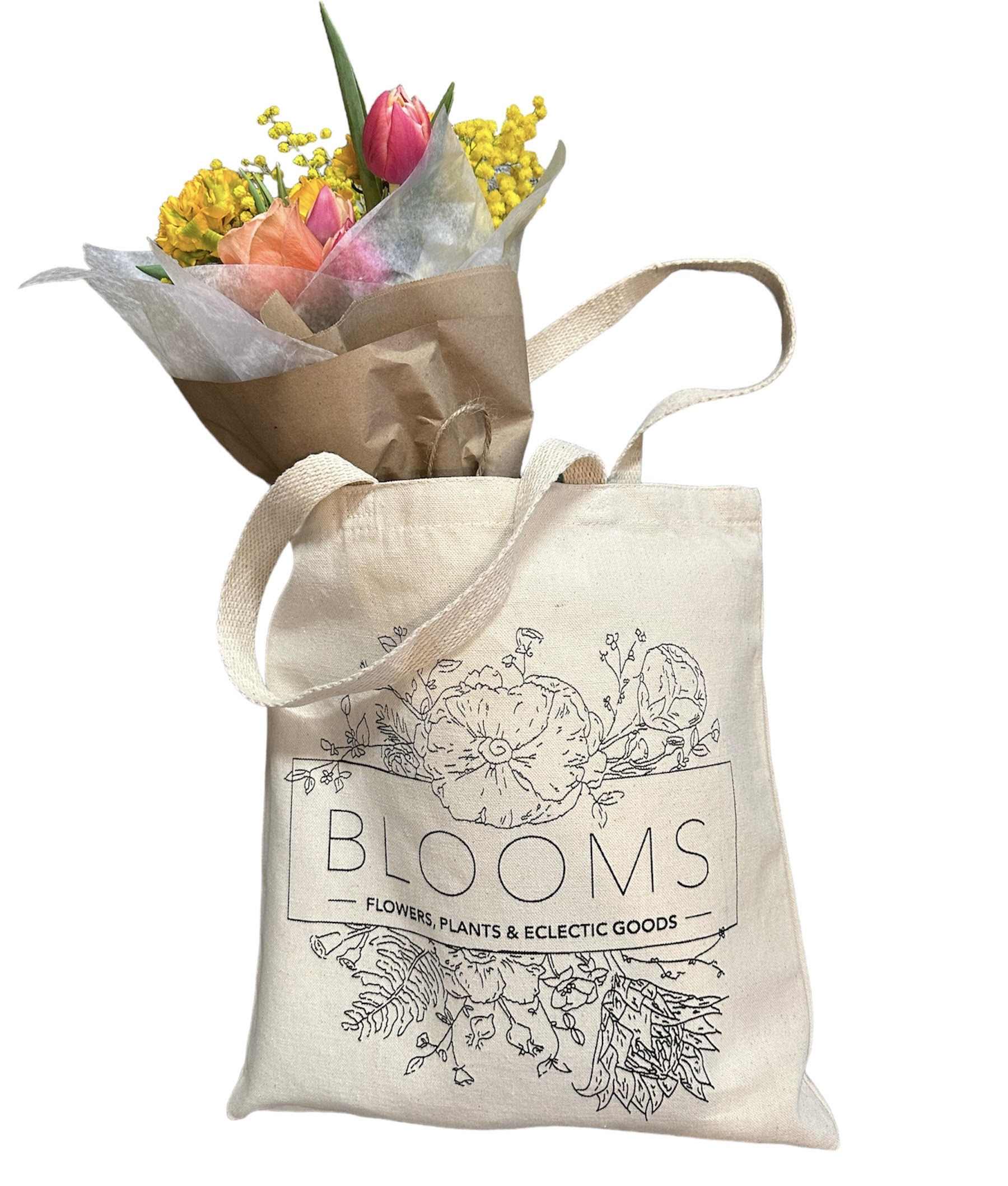 Blooms Market Tote + Seasonal Bouquet Blooms Market Tote + Seasonal Bouquet - Let our designers create a custom seasonal bouquet. Compliment it with a canvas Blooms Market Tote. Great for anywhere on the go! *Designers Choice seasonal bouquet is based on weekly availability *Tote measures 15" x 14"