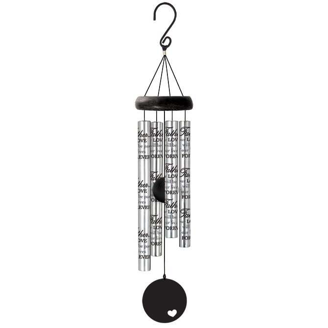 Father Wind Chime 21" Father Wind Chime 21" - Chime has 4 heavy walled, center pinned tubes that emit sweet gentle tones. Durable anodized finish, all aluminum construction, and strung with industrial cord. 21 Inches. A beautiful gift of remembrance for the family to share. Sentiment reads:"Father...your love will be part of our lives forever."