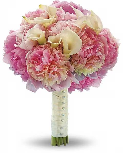 My Pink Heaven Bouquet - Stand out from the crowd with this heavenly, high-fashion bouquet of lush pink peonies and mini white callas.  Pink peonies and white miniature callas held with a satin ribbon.