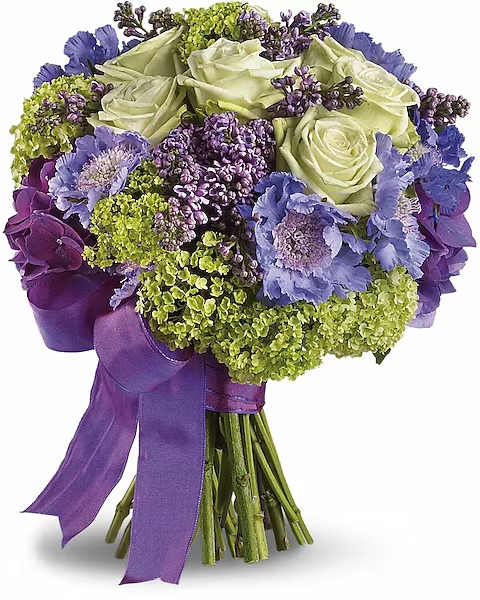 Martha's Vineyard Bouquet - Inspired by the easy elegance of Martha's Vineyard, this unique bouquet indulges with green roses, fragrant lilacs and lavender hydrangea.  Green roses, purple hydrangea, green viburnum, lavender lilacs and scabiosa.