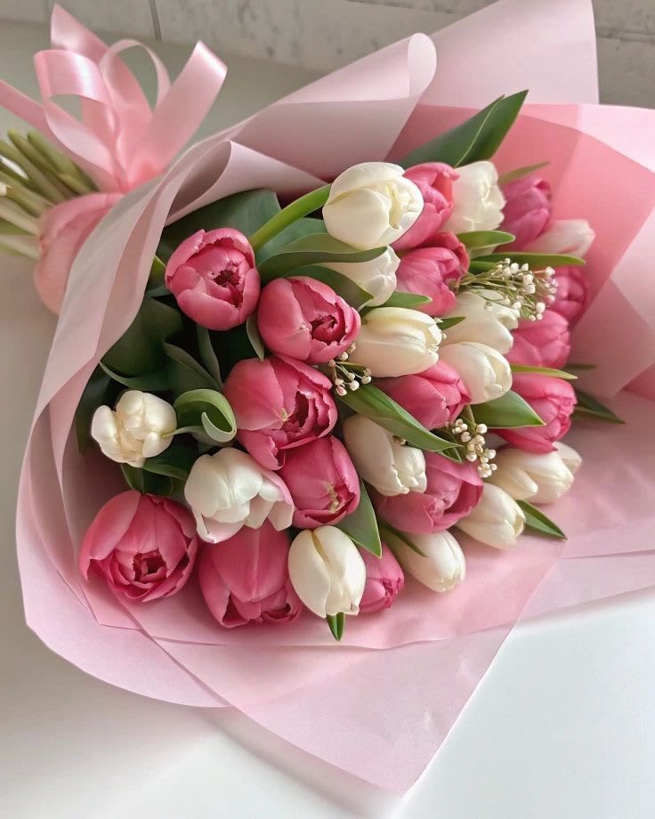 Pink Promise - Standard - 25 tulips  Deluxe - 48-50 tulips  Premium - 73-75 tulips  A delicate bouquet of tulips in soft pink and ivory white, wrapped in tender blush paper. This arrangement symbolizes the purity of a promise, the sweetness of new beginnings, and the elegance of true feelings. Perfect for expressing love, tenderness, or heartfelt gratitude.