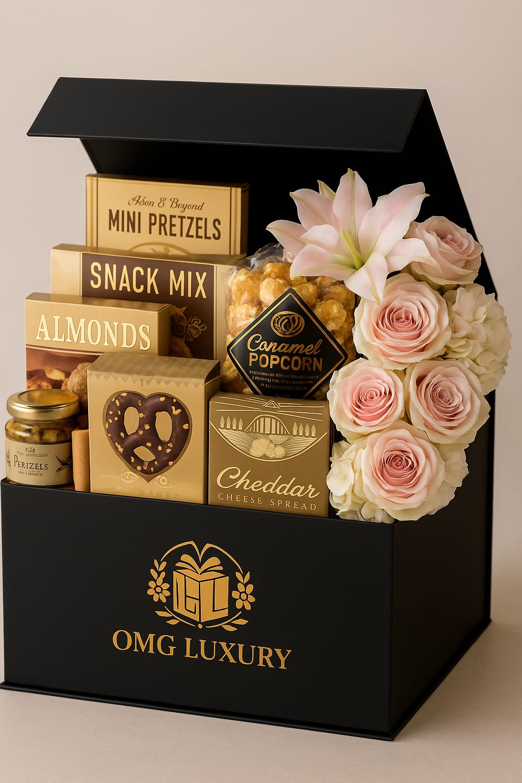 Golden Hour Delight&quot; Luxe Gift Box - Treat someone special to the Golden Hour Delight, a chic, black luxury magnetic box packed with irresistible gourmet snacks and soft blush-toned blooms. This indulgent arrangement includes crunchy mini pretzels, savory snack mix, roasted almonds, creamy cheddar cheese spread, caramel popcorn, chocolate-covered treats, and a jar of gourmet Perizels, all beautifully paired with fresh roses and lilies in elegant pastel shades.  Perfect for corporate gifting, birthdays, client appreciation, or high-end thank-you gifts, this OMG Luxury signature box combines sweet, savory, and floral elegance in one unforgettable experience.  Hand-delivered across Miami-Dade and Broward by OMG Luxury Gift Baskets &amp; Flowers.  Keywords: Miami luxury gift box, edible gift box with flowers, premium snack gift delivery, gourmet gift baskets South Florida, floral snack hamper, black and gold gift box